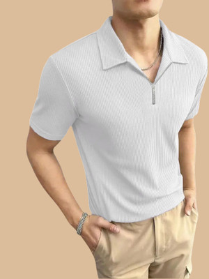 JACKBUZZ Solid Men Zip Neck White T-Shirt