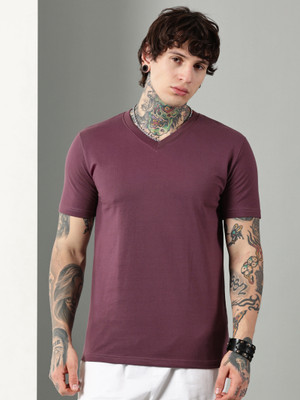 Own The Look Solid Men V Neck Pink T-Shirt