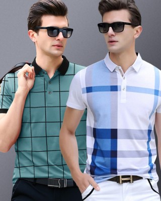 EyeBogler Checkered Men Polo Neck Blue, Green T-Shirt