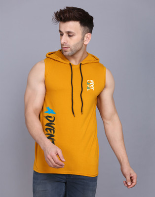 SLOWLORIS Typography Men Hooded Neck Yellow T-Shirt