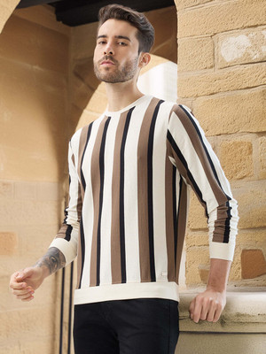 Status Quo Striped Men Round Neck Brown T-Shirt