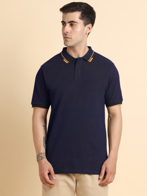 Dennis Lingo Solid Men Polo Neck Navy Blue T-Shirt