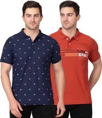 Zeffit Printed Men Polo Neck Dark Blue, Brown T-Shirt