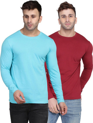 Kroptee Solid Men Round Neck Light Blue, Maroon T-Shirt