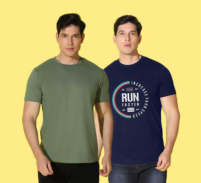 WOOSTRO Solid, Printed Men Round Neck Blue, Green T-Shirt