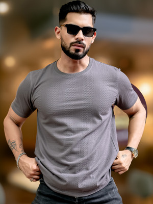 MANIAC Self Design Men Round Neck Grey T-Shirt