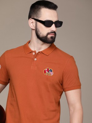 Merriment Solid Men Polo Neck Orange T-Shirt