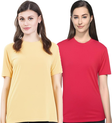 SHAUN Solid Women Round Neck Multicolor T-Shirt