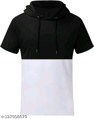 AIOUE Solid Men Hooded Neck White, Black T-Shirt