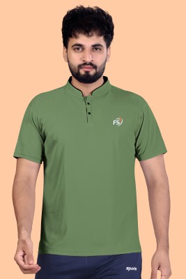 FRESHSTITICHS Solid Men Mandarin Collar Green T-Shirt