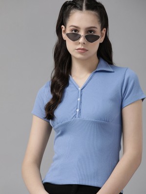 Roadster Self Design Women Polo Neck Blue T-Shirt