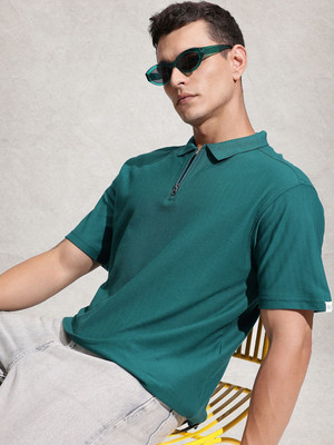 WROGN Self Design Men Polo Neck Green T-Shirt
