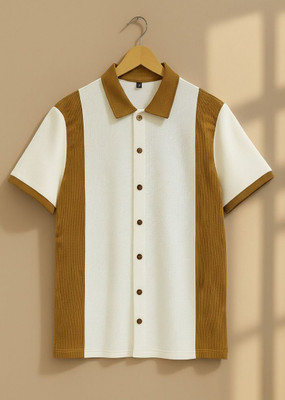 GEEZY Printed Men Zip Neck Beige, White T-Shirt
