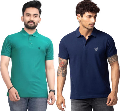 ELEGORY Solid Men Polo Neck Dark Blue, Light Green T-Shirt