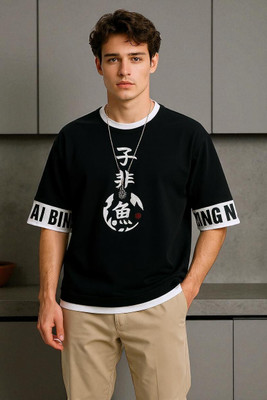 FAOES Printed Men Round Neck Black T-Shirt