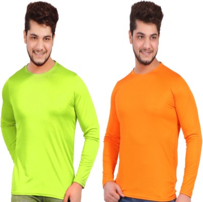 KASPY Solid Men Round Neck Green, Orange T-Shirt