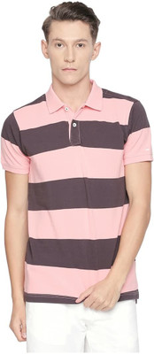 BASICS Striped Men Polo Neck Pink T-Shirt