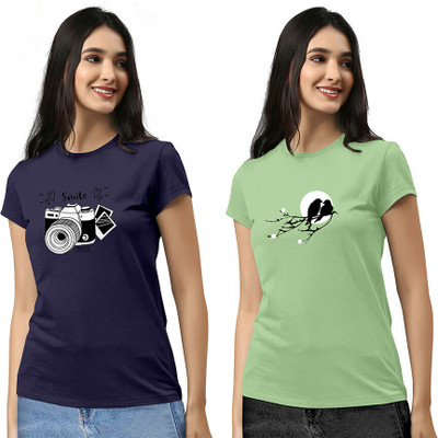 ZentWorld Printed Women Round Neck Navy Blue, Light Green T-Shirt