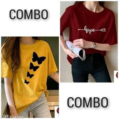 PicPok Printed Women Round Neck Maroon, Yellow T-Shirt