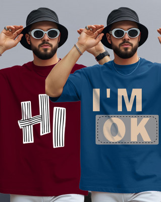AOOSH Graphic Print Men Round Neck Maroon, Dark Blue T-Shirt