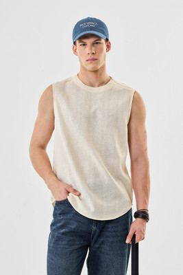 Snitch Self Design Men Round Neck Beige T-Shirt