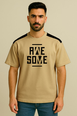 Culish Trend Printed Men Round Neck Beige T-Shirt