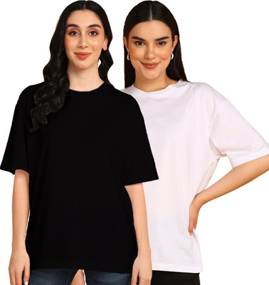 Adyavastram Solid Women Round Neck Black, Blue T-Shirt