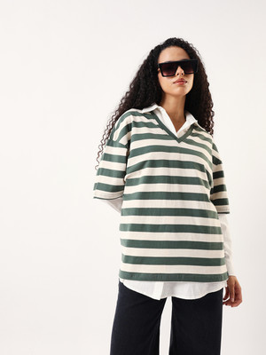 High Star Striped Women V Neck Green, White T-Shirt
