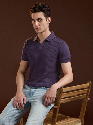 THE BEAR HOUSE Self Design Men Polo Neck Purple T-Shirt
