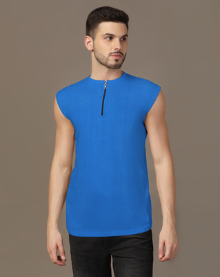 GEUM Solid Men Round Neck Blue T-Shirt