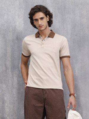 WROGN Self Design Men Polo Neck Beige T-Shirt