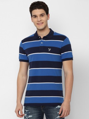 American Eagle Striped Men Polo Neck Blue T-Shirt