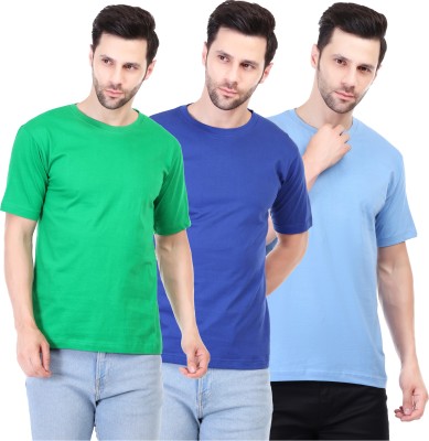 Fabarroe Solid Men Round Neck Green, Dark Blue, Light Blue T-Shirt