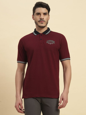 CANTABIL Printed, Solid Men Polo Neck Maroon T-Shirt