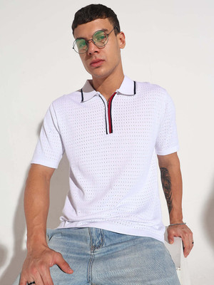 SHOWOFFFF Solid, Self Design Men Polo Neck White T-Shirt