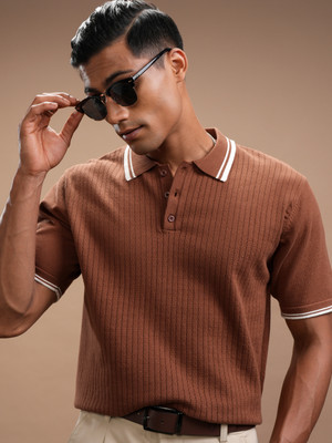HIGHLANDER Striped Men Polo Neck Brown T-Shirt