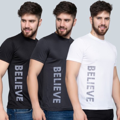 Ekom Printed Men Round Neck Black, Grey, White T-Shirt