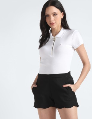 TOMMY HILFIGER Solid Women Polo Neck White T-Shirt