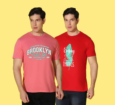 WOOSRTO Printed Men Round Neck Pink, Red T-Shirt
