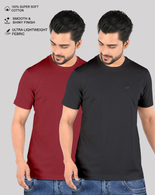 SUPERSQUAD Solid Men Round Neck Black, Maroon T-Shirt
