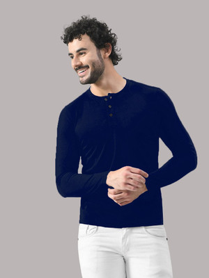 Blisstone Solid Men Henley Neck Dark Blue T-Shirt