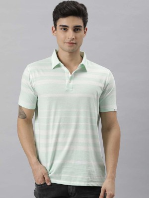 RARE RABBIT Striped Men Polo Neck Green T-Shirt