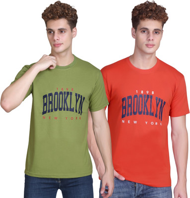 Zeffit Printed Men Round Neck Dark Green, Orange T-Shirt