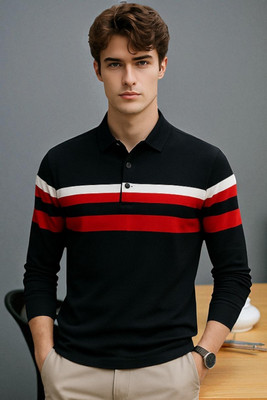 FASHIUM Striped Men Polo Neck Black T-Shirt