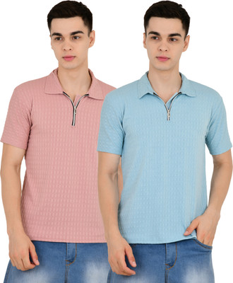 KEOTI Self Design Men Polo Neck Pink, Blue T-Shirt