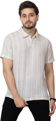 AMOLDO Striped Men Polo Neck White T-Shirt
