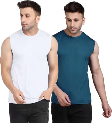 Think Tech Solid Men Round Neck White, Dark Blue T-Shirt