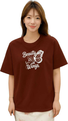 Hivewear Printed Women Round Neck Brown T-Shirt