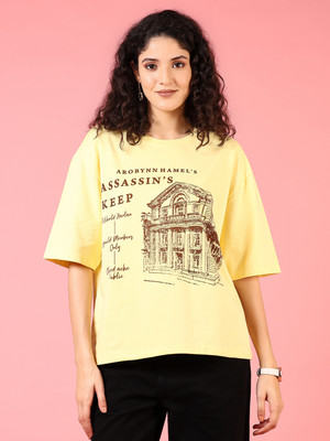 V-MART Printed Women Round Neck Yellow T-Shirt