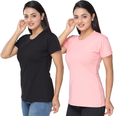 Irkuf Solid Women Round Neck Pink, Black T-Shirt